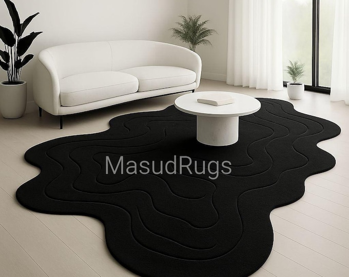 Black Irregular Rug, Modern Abstract Shape | Black Carpet for Living Room, Nursery, Kids Room | Unique Contemporary Home Decor 8x10 Feet