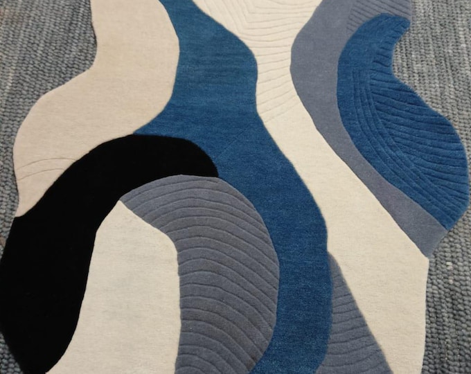 Hand Tufted Rug Solid Blue Wool Area Rugs For boderoom and Livingroom Bedroom Kitchen Nursery Entryway Office 5X8 6X9 10X14 Custom Rug