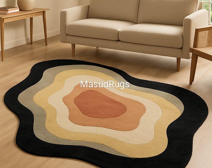 Modern Irregular Handmade Wool Area Rug, 8x10 6x9 5x8 7x10 4x6, Abstract Melting Layers Rug for Bedroom, Living Room, Office Decor Rug