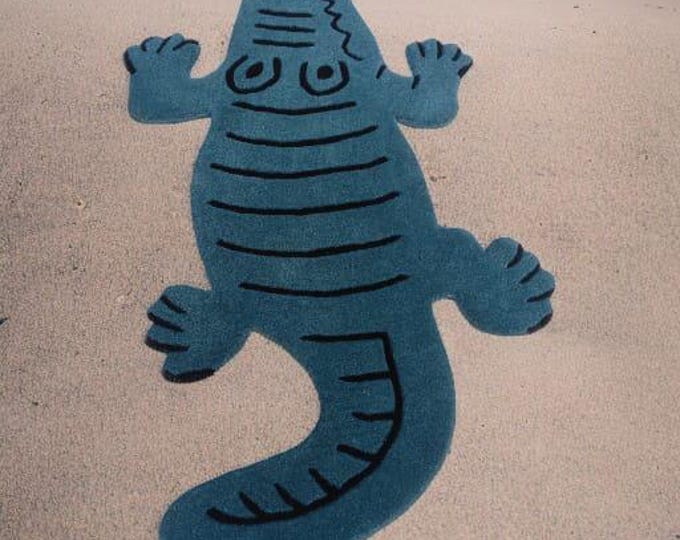 Crocodile Rug Decor Rug, 100% Wool, Handmade Animal Nursery Carpet, Playroom & Bedroom Decor, Bright Children's Rug 5x8, 6x9 Feet