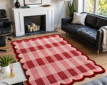 Handmade Wool Rug – Red Pink Checkered Scalloped Edge – Luxury Modern Living Room Decor