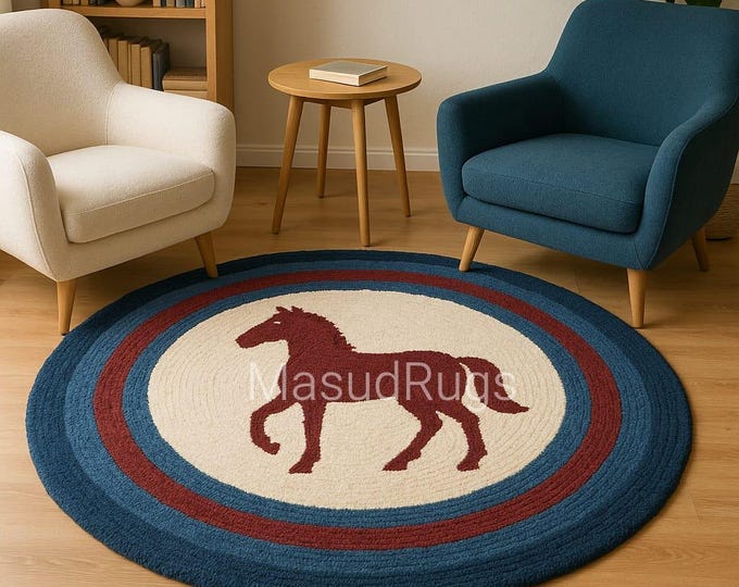 Horse Riding Round Rug, Hand-Tufted Wool Carpet with Horse Silhouette, Rustic Farmhouse Decor, Kids Nursery Rug, Western Style, Blue Red Rug