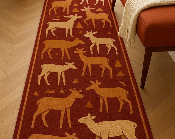 Handmade Deer Stair Runner – Red & Beige Animal Print Carpet | Modern Rectangle Hallway Rug | Durable Stylish for Stairs
