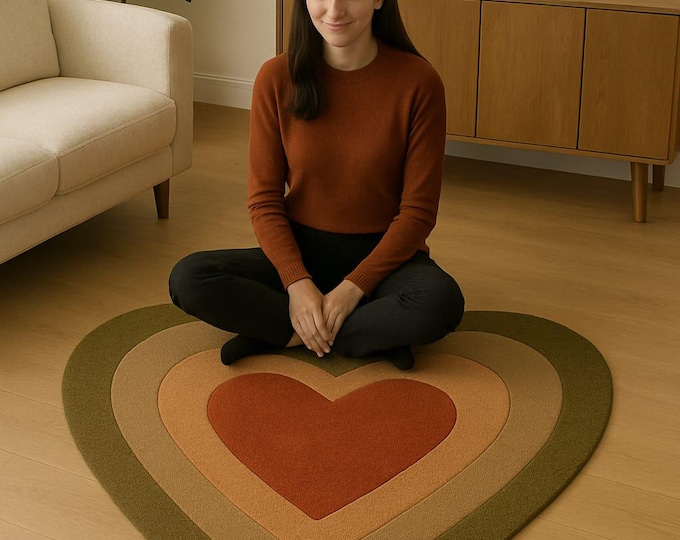 Heart Rug for Your Romantic Home - 5x5 Feet, Featuring Warm Earthy Tones; Artisan Crafted 6x6 Feet Colorful Heart Rug for Your Home Romantic