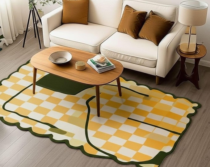 8x10 Matilda Handmade Wool Area Rug Designer Borders 100% Wool Hand Tufted Rug Yellow and Black Carpet Bedroom, Living Room, and Dining Room