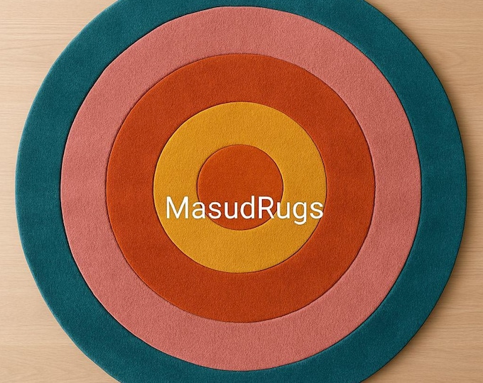 Pink Orange and Yellow Circle Rug Handmade Round Accent Carpet Modern Colorful Ring Rug Teal & Carpet Artistic Geometric Home Decor 8x8 Feet