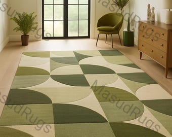 Handgefertigter Grüner Wollteppich, Geometrischer Teppich 2,5 x 3,5 Meter, Traditioneller Orientalischer Stil, Handgetuftetes Wohndekor, Wohnzimmer, Schlafzimmer, Luxus Teppich