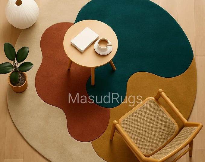 Modern Earth Form Rug—Abstract Organic Round Carpet in Terracotta, Teal & Mustard Tones for Cozy Living Modern Multi-Color Round Area Rug