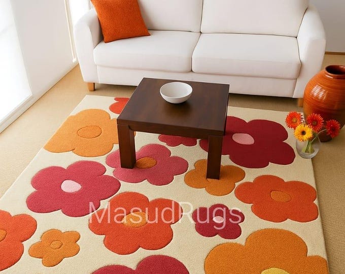 Retro Bloom Rug—Bold Floral Wool Carpet in Red, Orange & Yellow Tones for Vibrant Living Spaces
