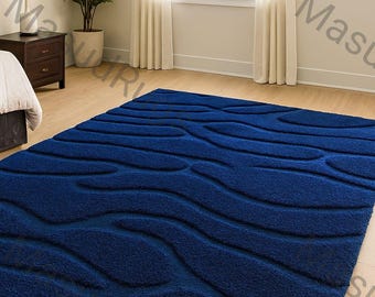 Hand-Tufted Wool Area Rug – Blue Geometric, Modern Decor