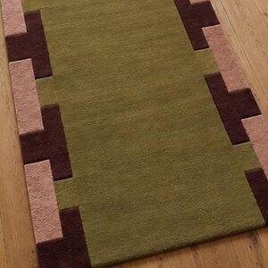 Hand Tufted Runner Wool Rug, Modern Geometric Border Area Runner Carpet, Green Burgundy Living Room Rug image 4
