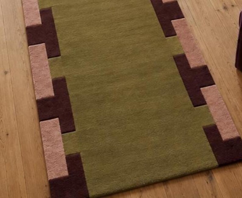 Hand Tufted Runner Wool Rug, Modern Geometric Border Area Runner Carpet, Green Burgundy Living Room Rug image 4
