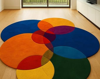Handmade Tufted Wool Rug, Rainbow Geometric Circles, Modern Carpet (8x10)