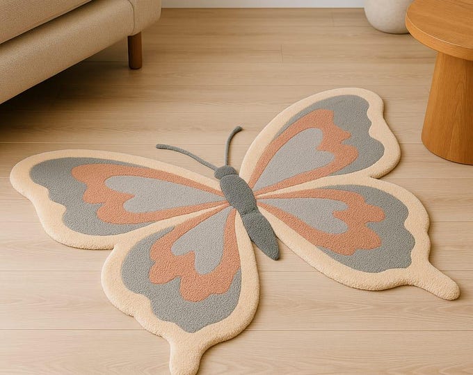Nursery Butterfly Pink Rug Handmade House Pink Butterfly Rug Mat Miniature Nursery Child's Room Pink Floral Carpet Area Lover Home Decor 8x8