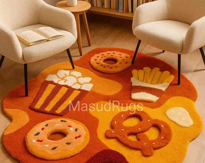 10x10 Rug—Playful Irregular Food-Themed Wool Carpet with Donuts, Fries & Popcorn for Cozy Living. Playful Foodie Theme Rug for Cozy 8x8 Feet