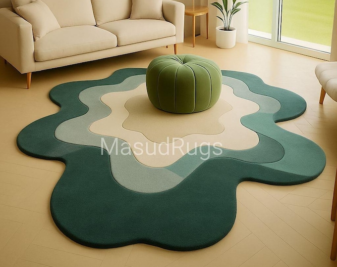 Creme Organic Shape Rug Modern Layered Wool Carpet for Living Room or Lounge Sage  Forest Green Rug Hand-Tufted Gradient Green Area 5x8 Rug
