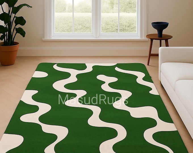 Green 8x10 Modern Abstract Cream Curve Carpet with Green Wavy Retro Rug for Living Room or Bedroom Kids and Kitchen Rug
