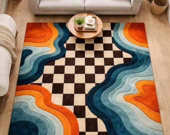 Handmade Wool Area Rug | Wave Checkerboard Design, Modern Art CarpetMasudRugs