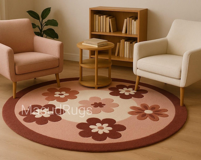 Flower Rug, Red and White Floral Rug, Retro Floral Round Rug, Handmade Bedroom Rug 100% Wool Carpet, Nursery Pink Circle Wool Rug, 10x10 ft
