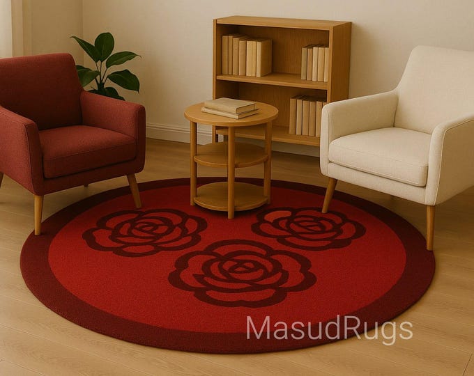 Rose Rug Flower Red Circle 8x8 Feet Area Rug Carpet for Living Room Wavy Design Bedroom Handmade Rug 6x6 Feet circle rug For kids Room 10x10