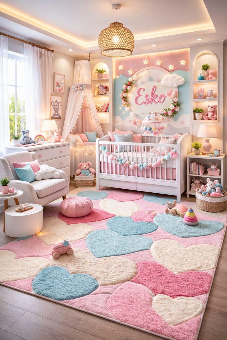 Pink Heart Nursery Rug, Baby Girl Room Area Rug, Pastel Toddler Carpet ...