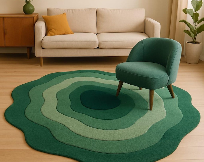 Green Multicolor Abstract, Irregular Wool Area Rug, Hand-Tufted for Kids' Rooms, Bedrooms & Living Rooms (8x8 10x10 ft) Rugs, Gaming Area,