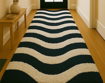 Modern Black and Cream Runner Rug, Wavy Striped Hallway Carpet, Contemporary Entryway Rug, Minimalist Floor Decor