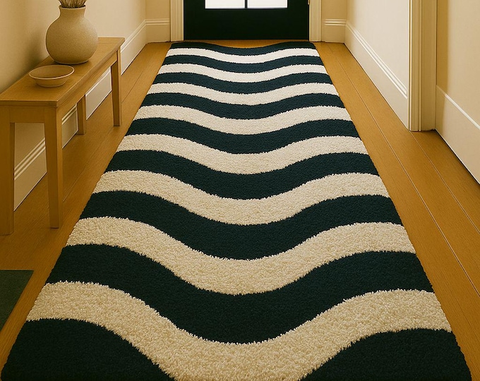 Black & Cream zebra Abstract Carpet, 2x10 Feet Soft Tufted Wave Design Rug—Modern Wavy Stripe Runner Rug, Handmade Bedroom For Living Rug