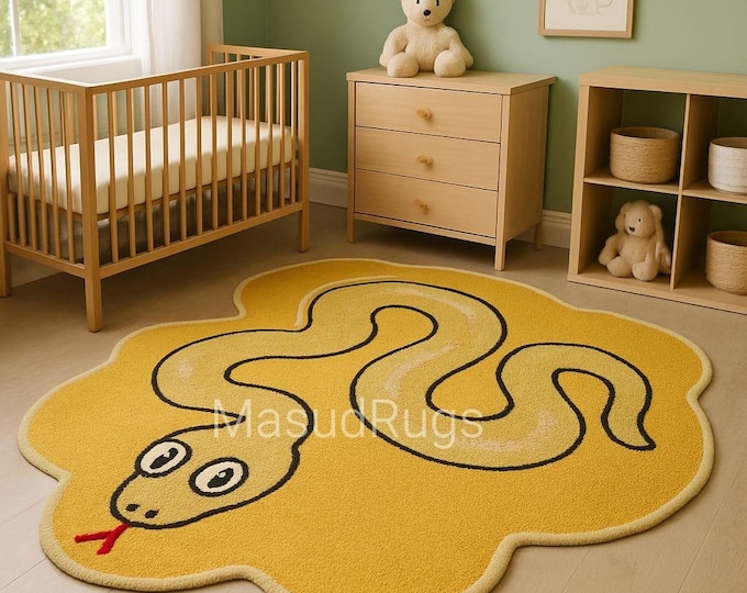 Handmade Yellow Snake Rug – Kids Room Carpet | Cartoon Animal Shape | Soft Play Mat for Nursery & Bedroom | Unique Gift Idea