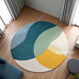 Modern Abstract Round Rug | Teal, Sage, Yellow & Cream Circle Area Rug | Hand-Tufted Wool Living Room Carpet | Unique Decor 5x5 6x6 7x7 Feet