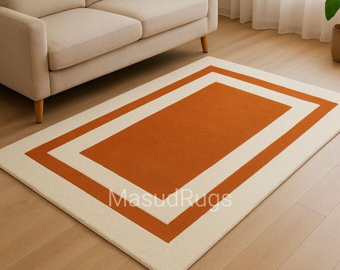 Hand Tufted Orange Striped Rug, Modern Geometric Area Carpet for Living Room, Dining Room, Bedroom, Wool Rectangular Rug, Orange & Cream