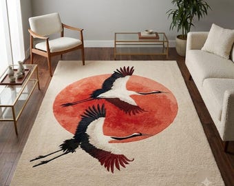 Japanese Crane Hand Tufted Wool Rug, Modern Bird Area Rug, Cream Living Room Carpet, Oriental Crane Rug, Handmade Luxury Rug