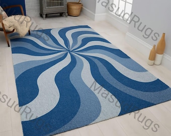 Handmade Blue navy blue Abstract Rug, Modern Rectangular Area Rug, Luxury Wool Designer Carpet, Contemporary Living Room Floor Rug
