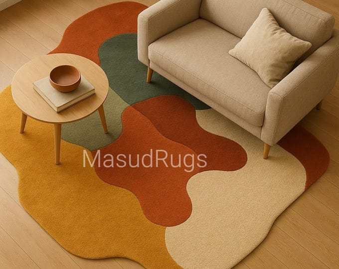 Abstract Wavy Modern Rug—Mid-Century Inspired, Multicolor Soft Area Carpet Abstract Wavy,” “Mid-Century Inspired Fluid Forms Modern Carpet