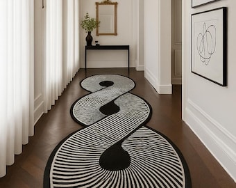 Black and White Wool Runner Rug, Modern Hallway Carpet, Hand-Tufted