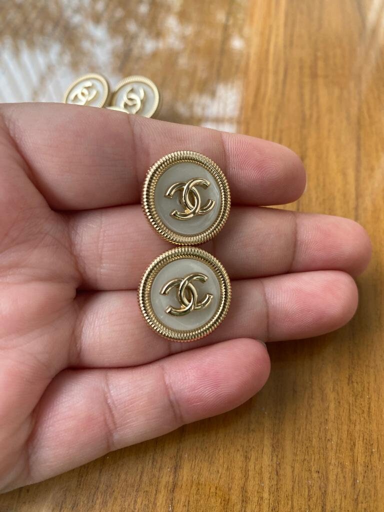 Rare Vintage Authentic Chanel Buttons Set of 10 Iron Gold Plated White  Enamel Gold CC logo