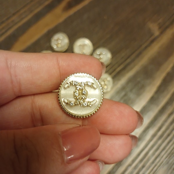 Vintage Authentic Chanel Buttons Set of 10 Iron White Enamel Gemstones Gold CC Logo