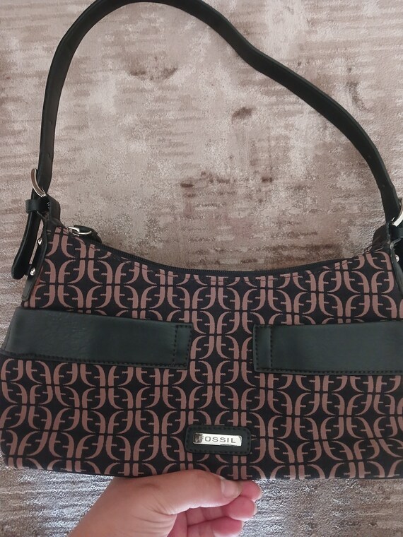 Vintage Authentic Fossil Monogram FF Logo Canvas and Leather Trim