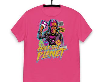 May include: A hot pink t-shirt featuring a graphic of a person holding a floppy disk, with the text "HACK THE PLANET" in yellow and blue. The design includes a purple logo and the words "ACCESS DENIED".