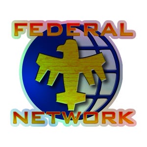 May include: A sticker featuring a blue globe graphic with a gold eagle silhouette centred in front. The word FEDERAL is arched in gold letters above the globe, and the word NETWORK is arched in gold letters below the globe on a white background.