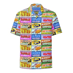 May include: A colourful button-up shirt with a pattern of various advertisements. The ads feature text like "Flaturin", "Flotilla", "High CostCo", "Gentleman's Lattes", and "Rettsin".