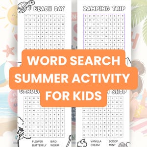 Può includere: Quattro fogli di attività di ricerca parole in bianco e nero per bambini con i temi Beach Day, Camping Trip, Garden e Ice Cream Shop, con un grande banner arancione al centro contenente il testo WORD SEARCH SUMMER ACTIVITY FOR KIDS.