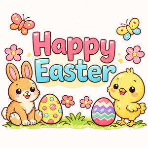 Può includere: Un'illustrazione colorata con la scritta "Happy Easter". Un coniglio marrone e un pulcino giallo sono ai lati di due uova di Pasqua decorate. Fiori rosa e farfalle completano il design festoso.