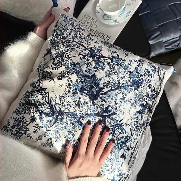 Exquisite Blue and White Porcelain Satin Silk Pillow Cushion Cover 4PCS Set: Retro Style Sofa Cushion with Chinese Qinghua Patterns 45*45cm