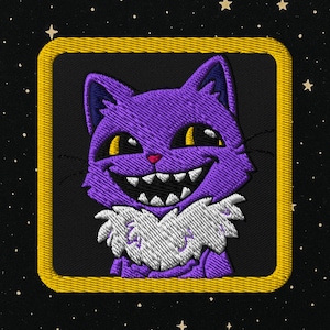 May include: Embroidered patch featuring a purple cat with a wide, toothy grin and yellow eyes. The cat has a white, fluffy collar and is set against a black background within a gold square frame. The background has a starry pattern.