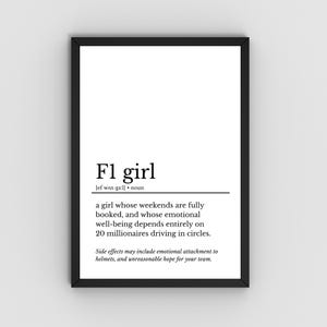 F1 girl Dictionary Definition Wall Art | Funny Formula 1 Poster for Her | F1 Fan Gift | Minimalist Digital Download