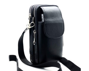 Genuine Leather Black Unisex Handbag and Crossbody Bag Leather Handbag with Phone Compartment - Accessory Bag