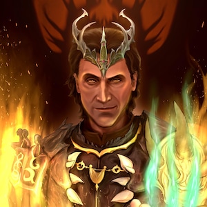May include: Digital artwork of a man with dark hair and intense eyes, wearing a crown and ornate armor. The image features a fiery background with flames and glowing green energy emanating from his hand. The artwork has a fantasy theme.