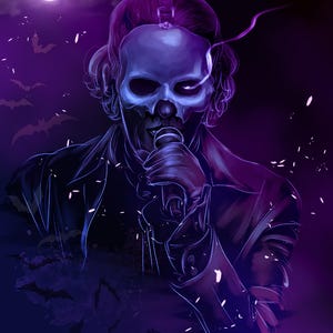 May include: Digital illustration of a figure with a skull mask, holding a microphone. The artwork is set against a dark purple background with bats and a full moon. The figure is wearing a black jacket. The artist's signature is in the bottom right corner.
