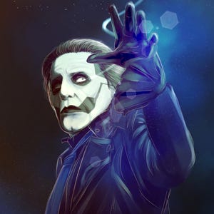May include: Digital illustration of a figure with pale skin and dark eye makeup, wearing a dark blue coat and gloves. The figure's hand is raised, with a blue glow emanating from it. Text at the top reads, "One day he will come back from the bowels of hell."